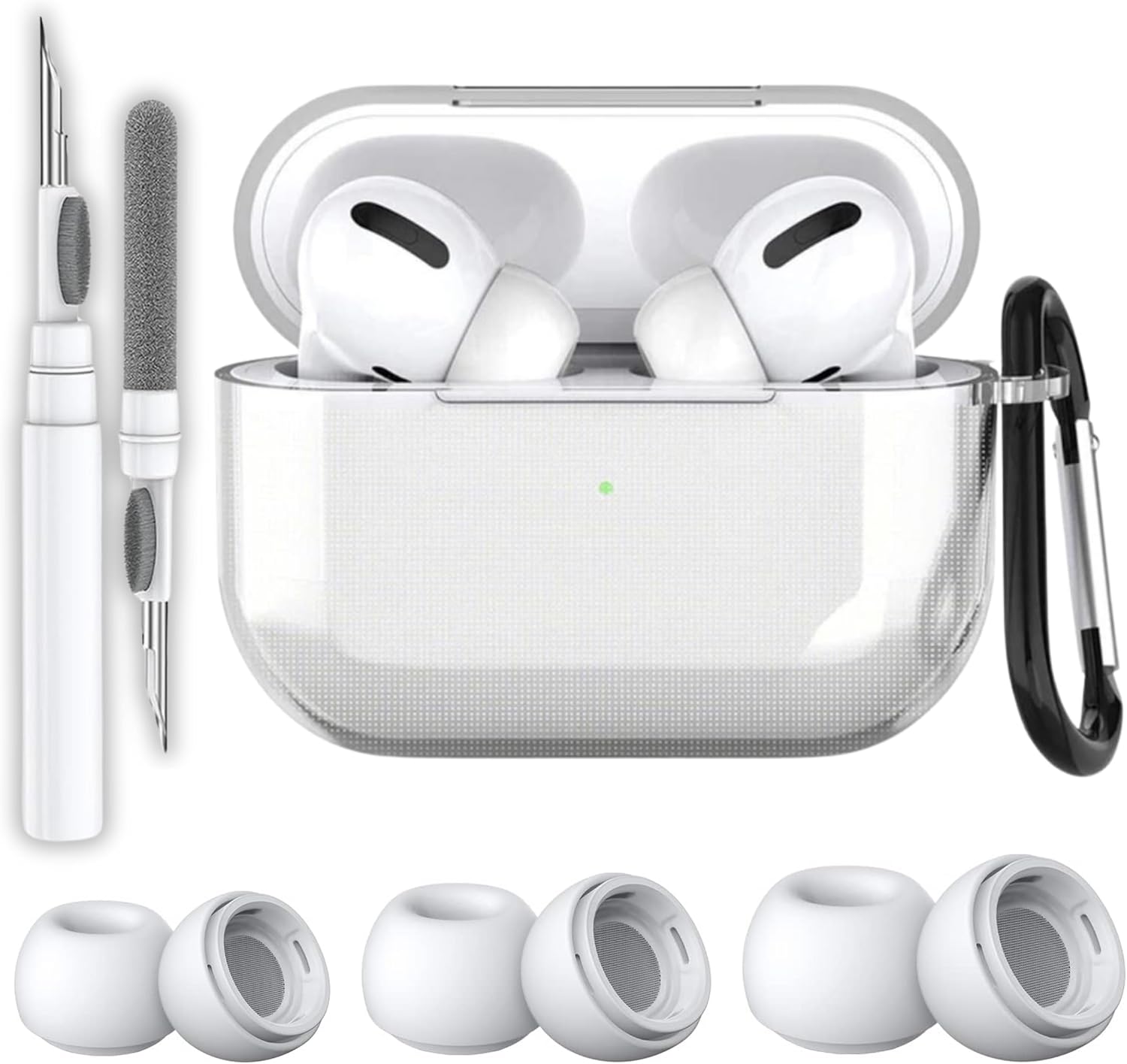 AirPods Pro 2.Nesil Uyumlu Şeffaf Premium Kulaklık Kılıfı, Anc Delikli Yedek Silikon Uçları (S,M,L) ve 3'ü 1 Arada Bluetooth Kulaklık Temizleme Kalemi Seti (Şeffaf)