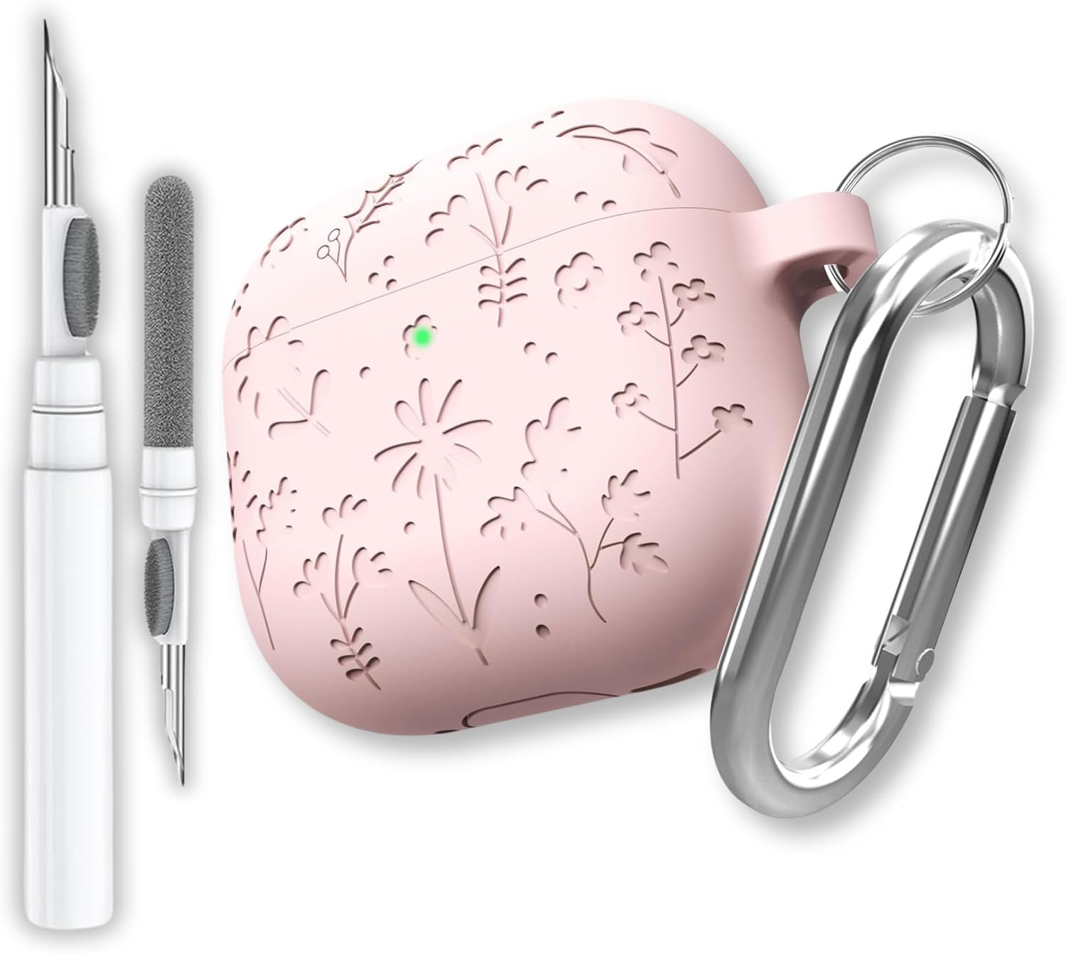 AirPods 4. Nesil Uyumlu Çiçek İşlemeli Premium Silikon Kulaklık Kılıfı ve 3'ü 1 Arada Bluetooth Kulaklık Temizleme Kalemi Seti (Pembe)