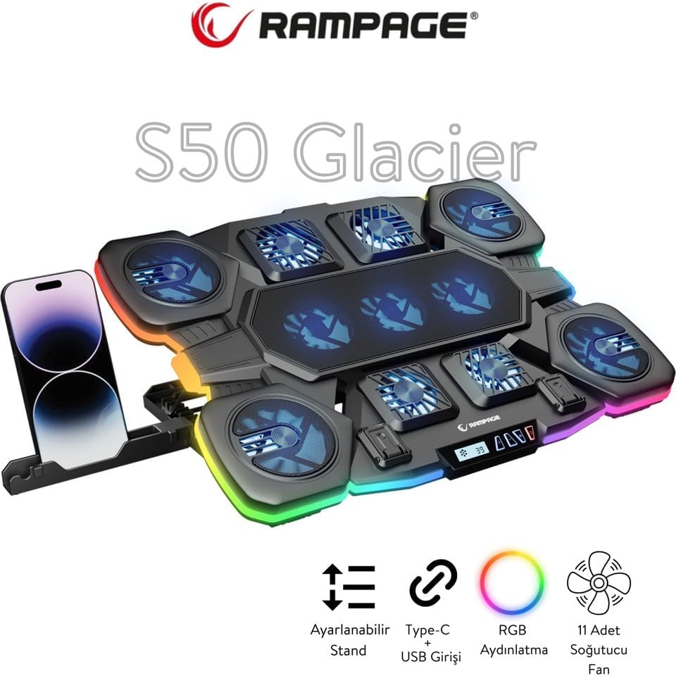 S50 Rgb Işıklı 11 Fanlı LCD Göstergeli 1 Type C 1 USB Girişli Notebook Soğutucu