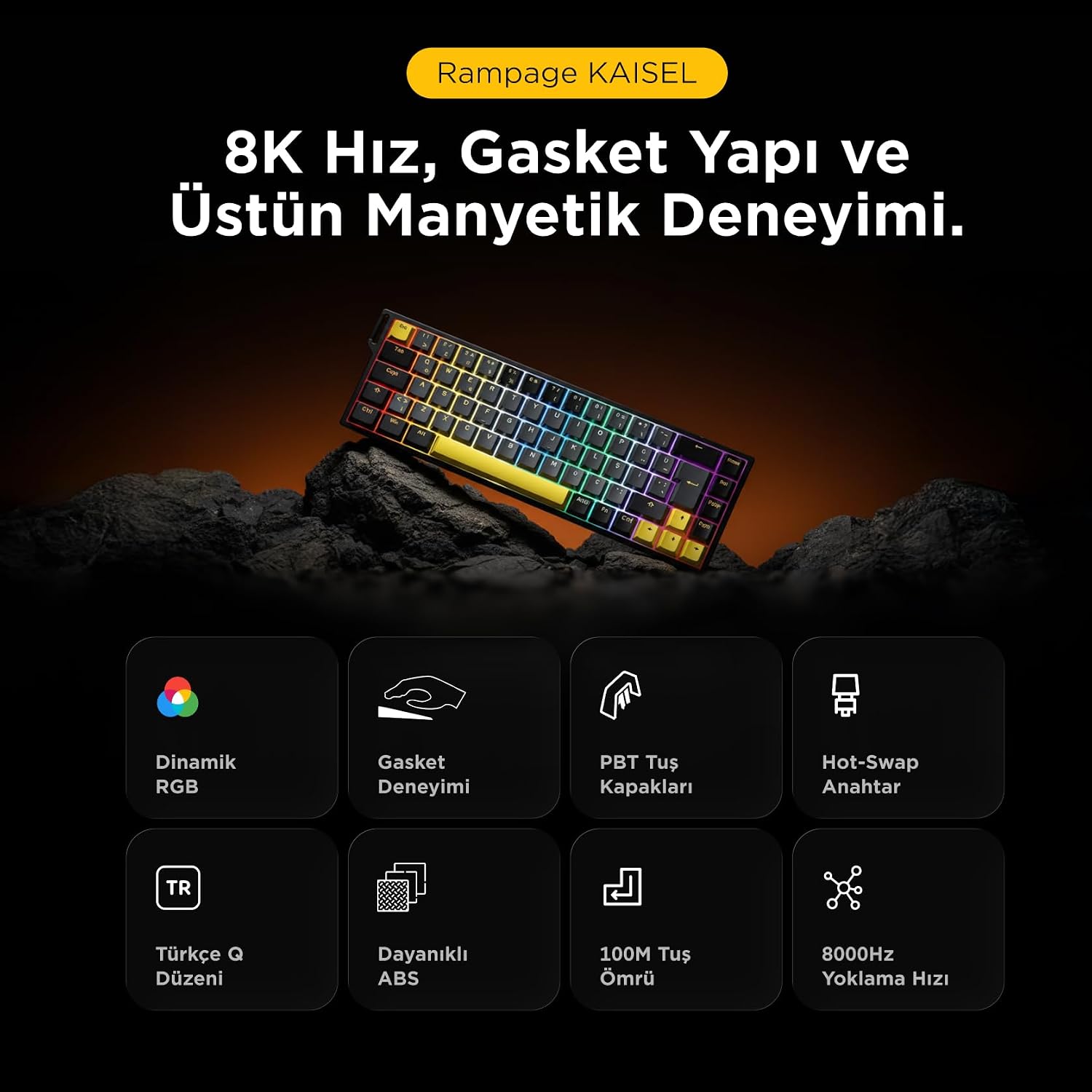Kaisel Siyah/Gri/Sarı Hot Swap 8000 Hz Gasket Manyetik RGB Rapid Trigger 128K Scan Rate Q PBT Keycap Analog Klavye