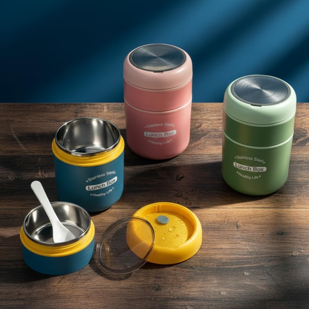 Çelik Yemek Termosu 2 Katlı Kaşıklı - 304 Paslanmaz Çelik Beslenme Kutusu | Sıcak/Soğuk Tutma Özellikli Vakumlu Öğle Yemeği Seferi Tası (710 ml, Çap: 10 cm, Yük: 15.5 cm) (MAVİ-SARI)