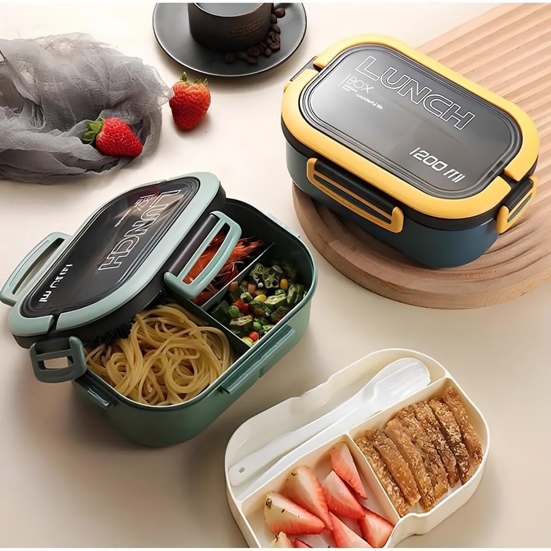 Beslenme Kutusu 1200 ml 2 Katlı 6 Bölmeli BPA'sız PP Plastik Sefer Tası ve Beslenme Çantası - Lunch Box, ÇATAL KAŞIK ve BIÇAK Dahil Okul Beslenme (Mavi)
