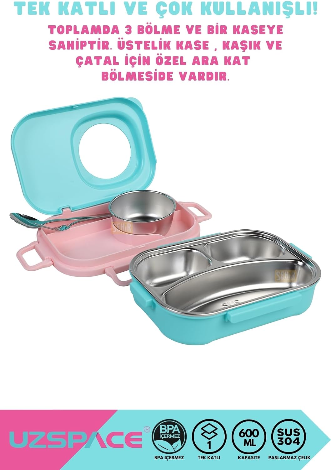 Bento 1100ml Lunchbox Tek Katlı 3 Bölmeli Kaseli Çelik Sefer Tası Yemek Kutusu (Turkuaz-Pembe)