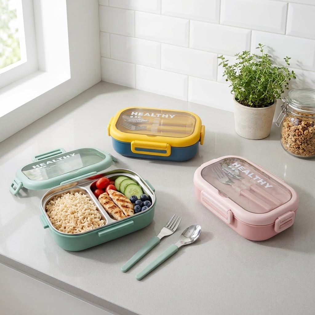 Deconox Paslanmaz Çelik Yemek Kabı 800 ml, 2 Bölmeli Lunch Box, Çatal Kaşık Dahil, Kilitli Kapaklı Saklama ve Taşıma Kabı, 21x15x6,6 cm, Pembe/Mavi/Yeşil