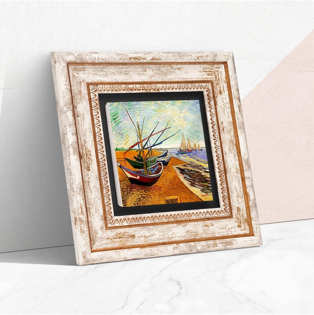 Van Gogh Balıkçı Tekneleri Taş Duvar Tablosu - Çerçeveli Taş Tablo - Dekoratif Duvar Sanatı - Modern Ev ve Ofis Duvar Dekoru T1-277