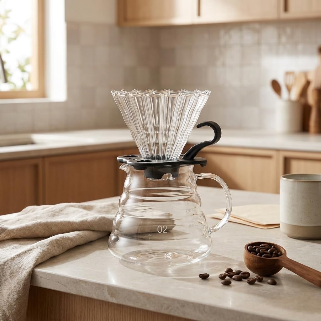 Profesyonel Cam Kahve Demleme Seti (Pour Over Dripper & Karaf) - 600 ml Kapasiteli Borosilikat Filtre Kahve Seti