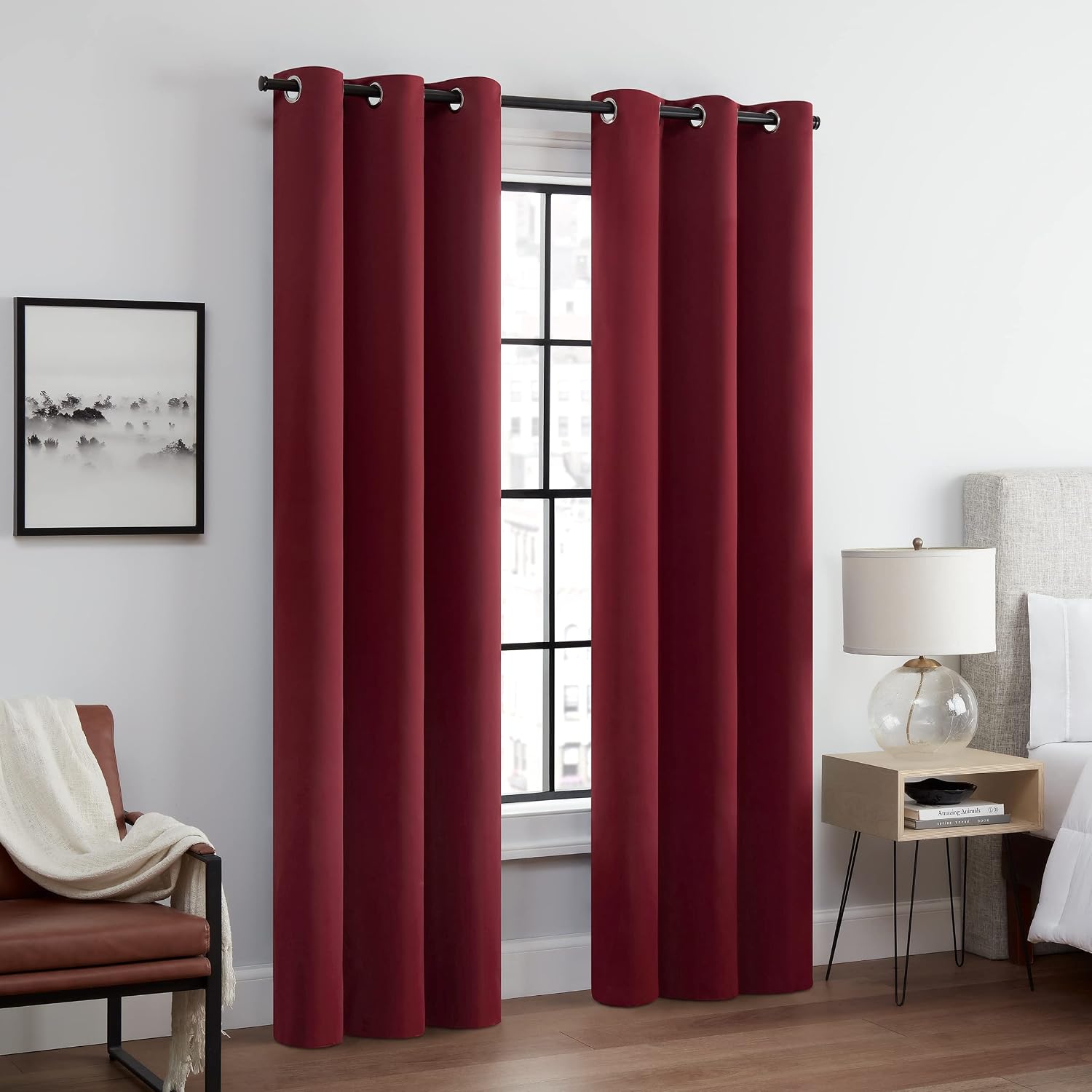 Andover Düz Üçlü Dokuma Termal Karartma Halkalı Yatak Odası için Perde (2 Panel), 106,68 cm x 274,32 cm, Kırmızı