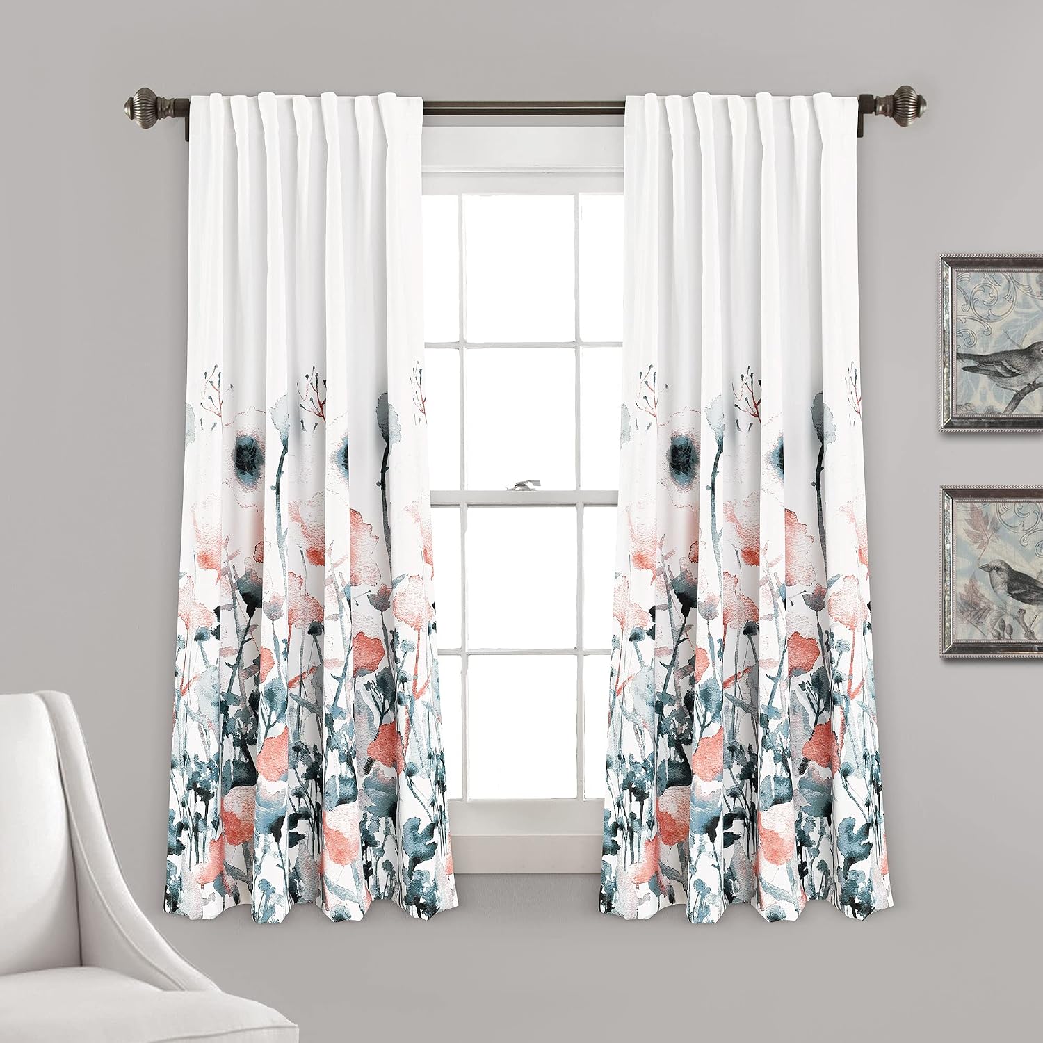 Zuri Flora Oda Karartma Pencere Perdesi Panel Çifti, 160 cm Uzunluk x 132 cm Genişlik, Mavi ve Mercan