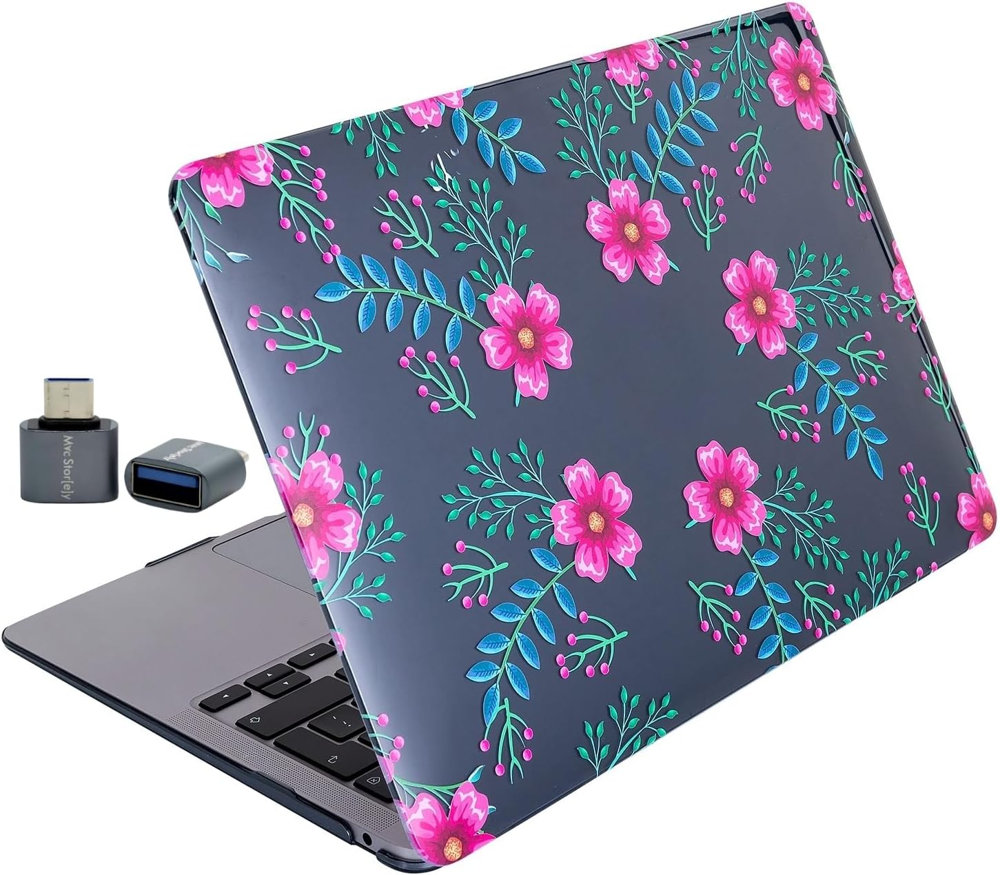 MacBook Air 13.6 İnç Çiçek Desenli Kılıf A2681 A3113 A3240 A3449 M2 M3 M4 M5 Uyumlu Kristal Parlak Sert Kapak Hard Case Pembe Mavi