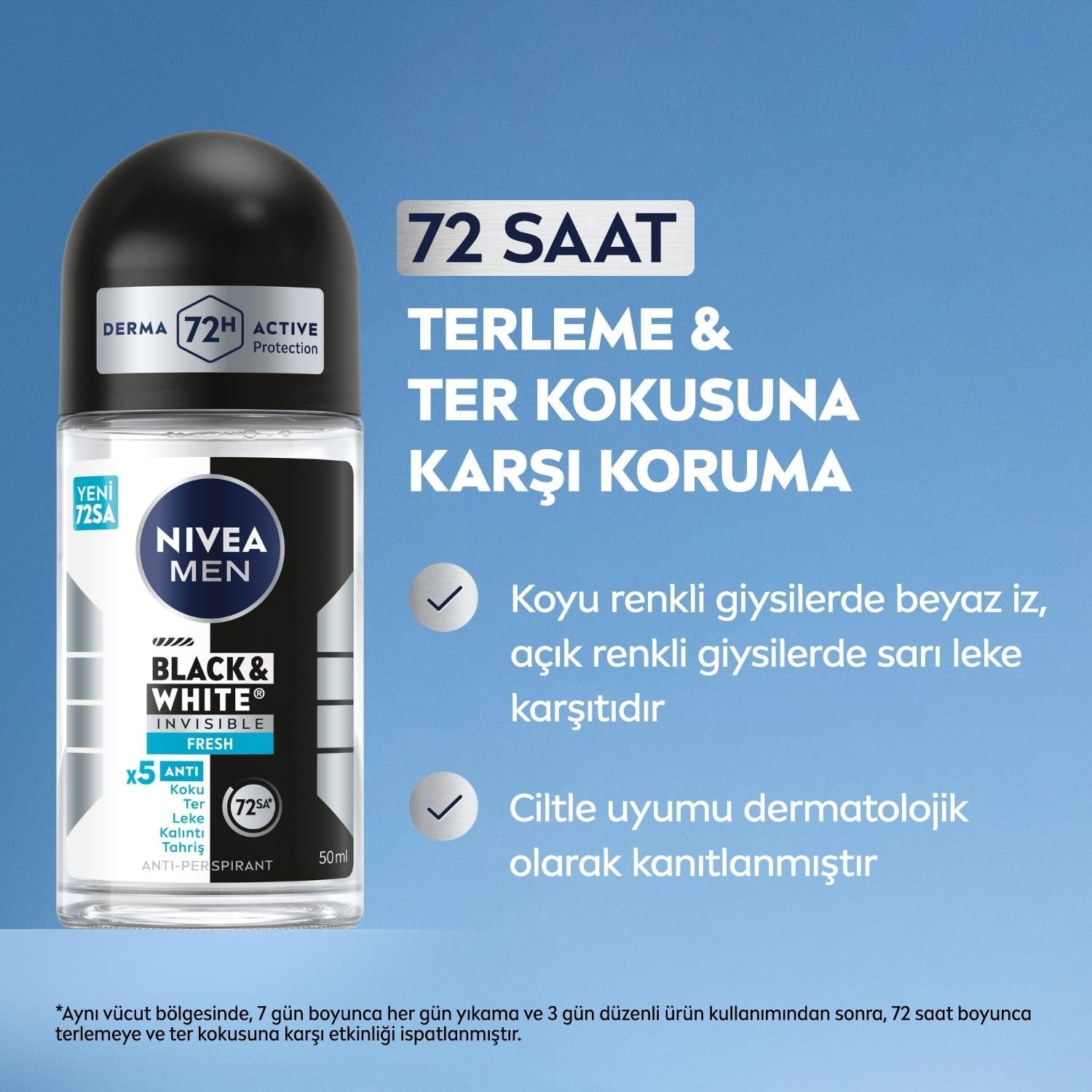 Erkek Roll On Deodorant Black&White Invisible Fresh 50 ml,72 Saat Anti-perspirant Terleme ve Ter Kokusuna Karşı Koruma,Giysilerde Leke Karşıtı,Erkeksi Koku,Etil Alkol İçermez