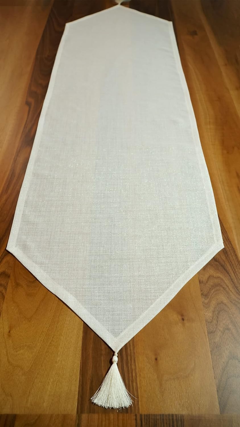 Simli Keten Runner Püsküllü, Kırık Beyaz, 45x150cm