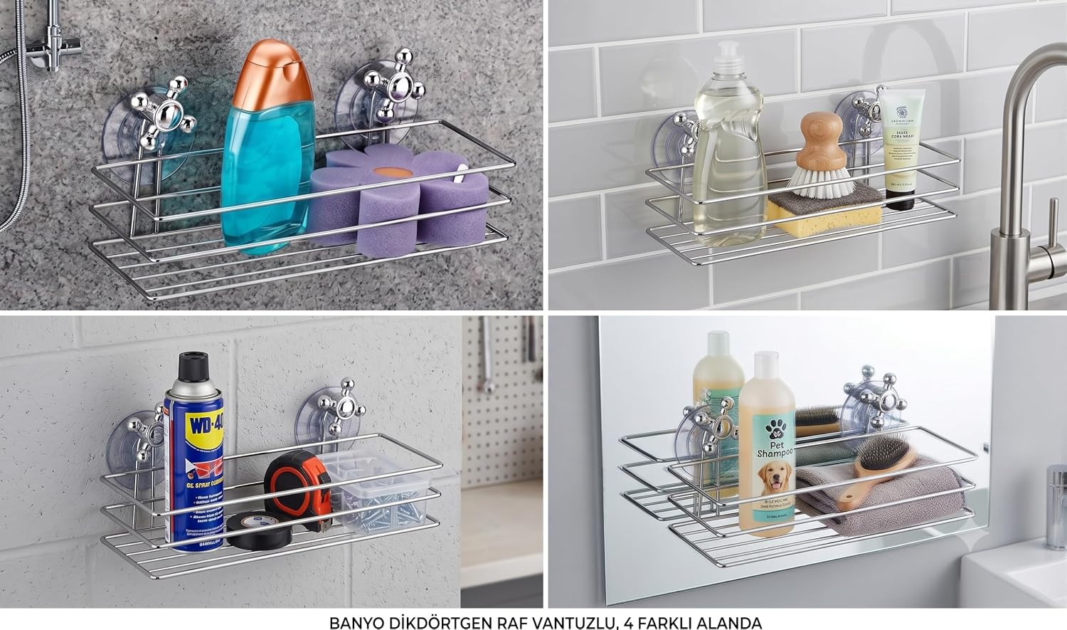 Vantuzlu Dikdörtgen Banyo Rafı Krom