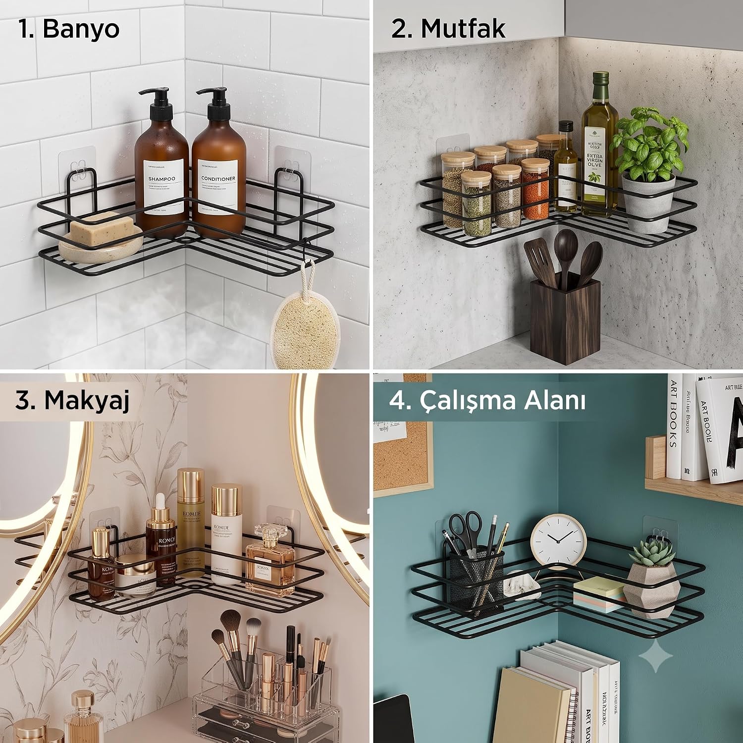 Çok Amaçlı Siyah Kare Köşeli Banyo Rafı Yapışkanlı
