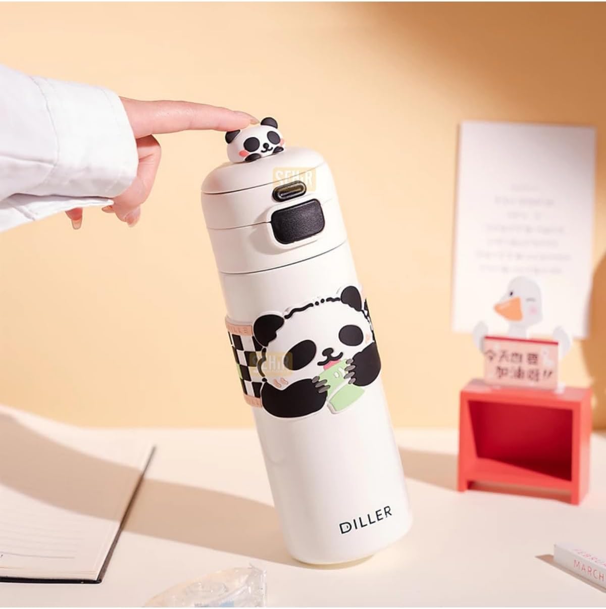 Diller 480ml Sevimli Hayvanlar Süslü Pipetli/Pipetsiz El Askılı Paslanmaz Çelik Termos (Panda)