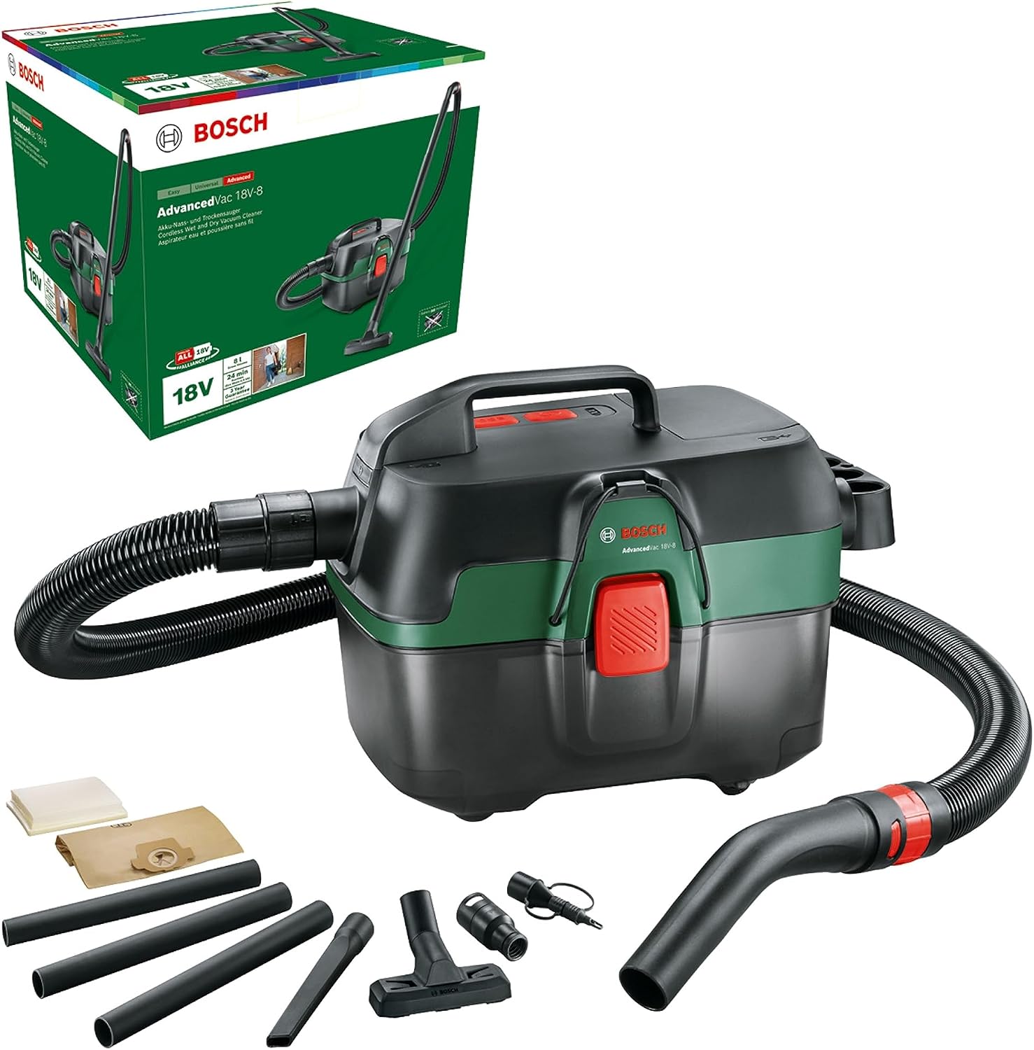 AdvancedVac 18V-8 akülü ıslak ve kuru elektrikli süpürge (aküsüz, 18 Volt sistem, aksesuar seti ile, kartonda), test notu: çok iyi (şarjör: Mann kendisi mi)