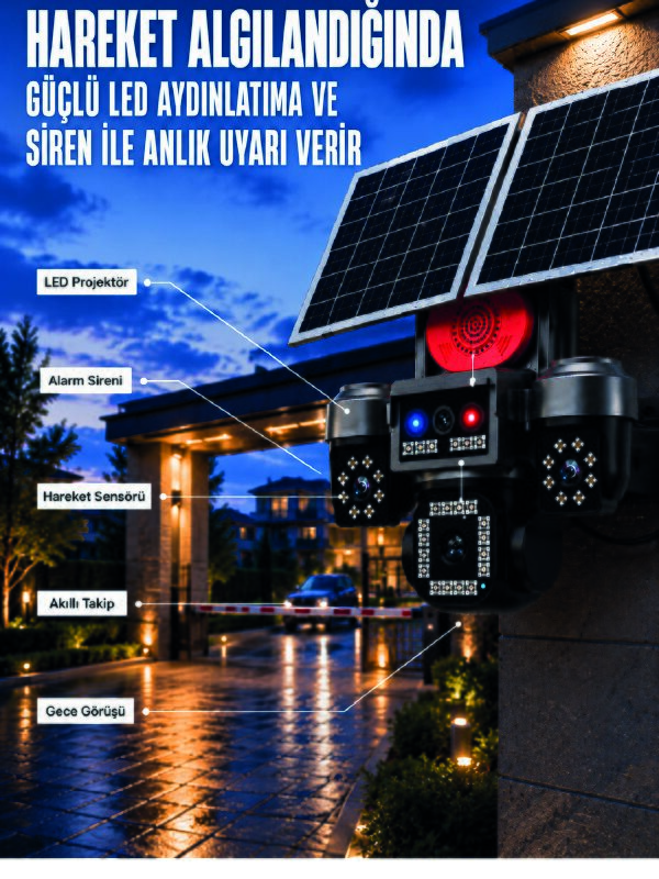 4 Kameralı 4G SIM Kart Destekli Güneş Enerjili Akıllı Güvenlik Kamerası