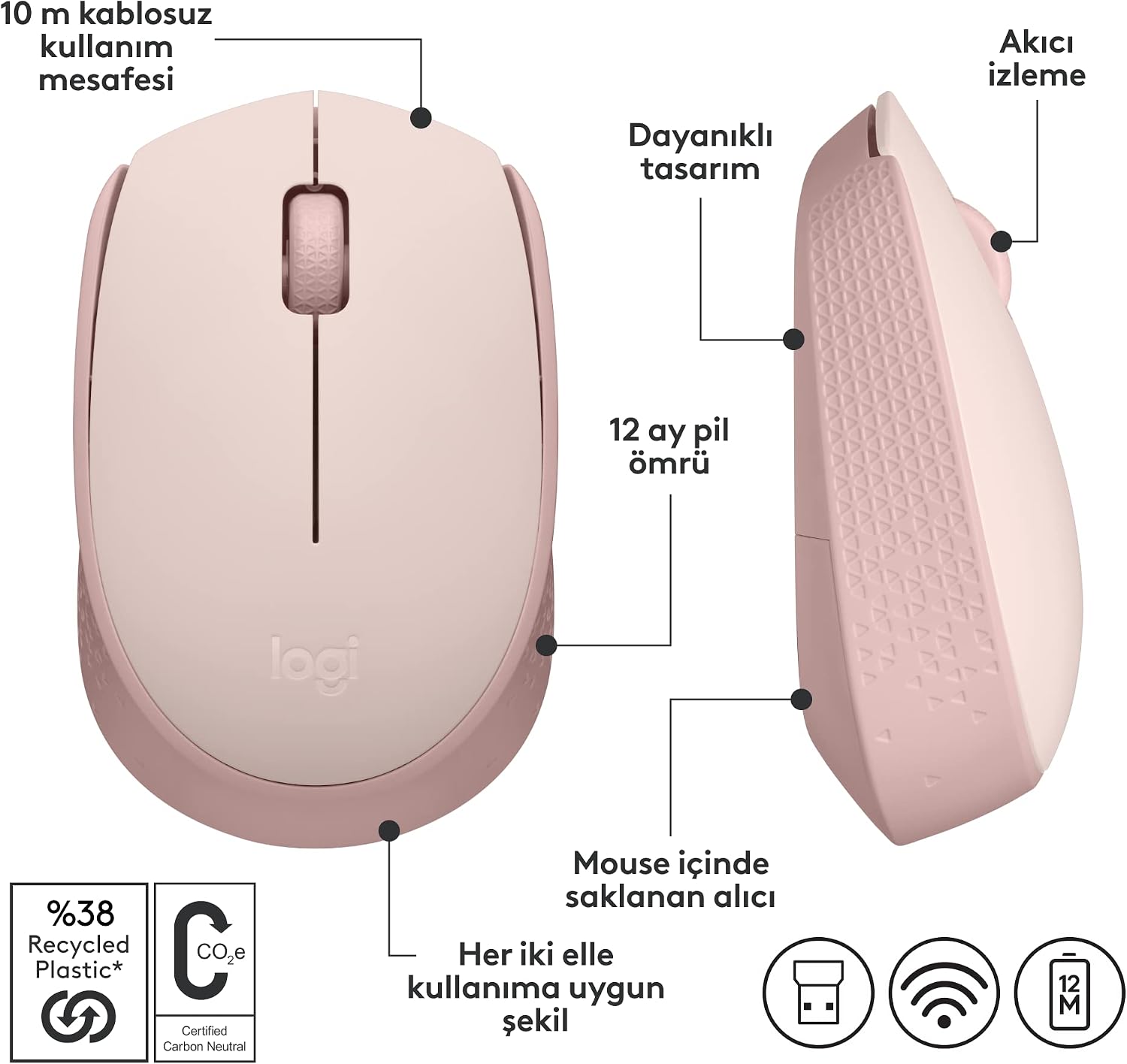 M171 Kablosuz Mouse, PC, Mac, Dizüstü Bilgisayar için, 2,4 GHz, USB Mini Alıcılı, Optik İzleme, 12 Aylık Pil Ömrü, Sağ ve Sol Elle Kullanıma Uygun, Pembe