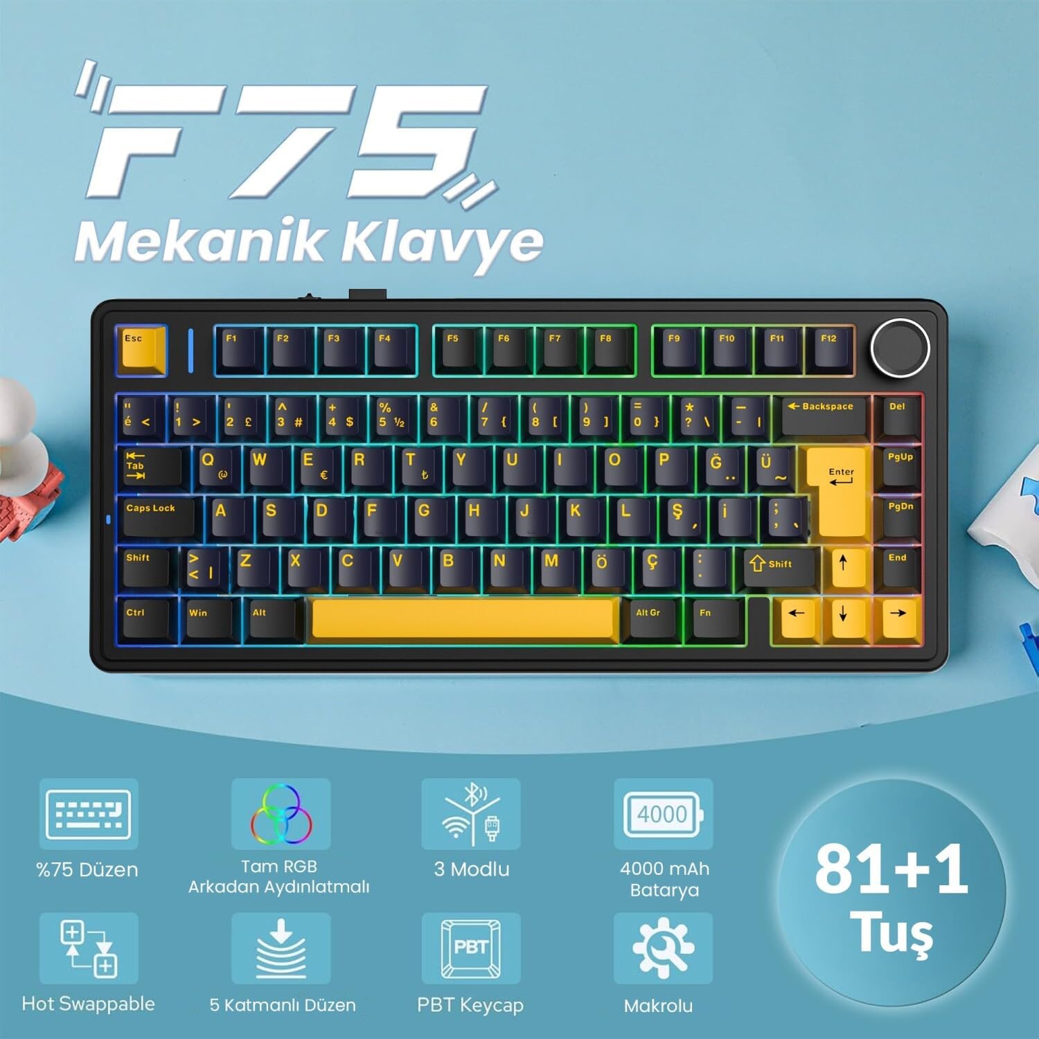 F75 Mekanik RGB TKL GrayWood V4 Switch Kablosuz Makrolu Hot Swap Türkçe Q Klavye Siyah