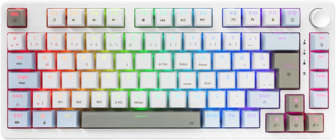 VEXOR RGB Mekanik Gaming Oyuncu Klavyesi 82 Tuş | 3 Mod (Bluetooth + 2.4G + Kablolu) | Huano Brown Kahverengi Switch Linear | 2000mAh Batarya | Anti-Ghosting Kompakt%75 Hot Swap