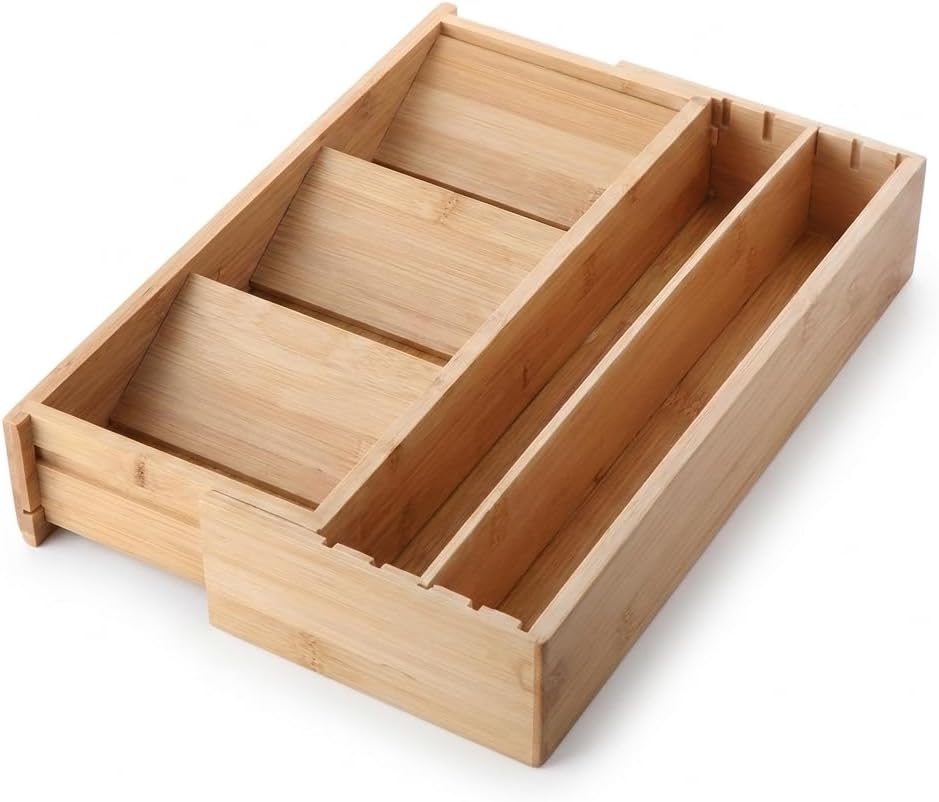 Ayarlanabilir Bambu Kaşıklık ve Çekmece İçi Organizer - 5-7 Bölmeli Genişleyebilir Çatal Bıçak Düzenleyici (39.4 x 24 x 6.4 cm)
