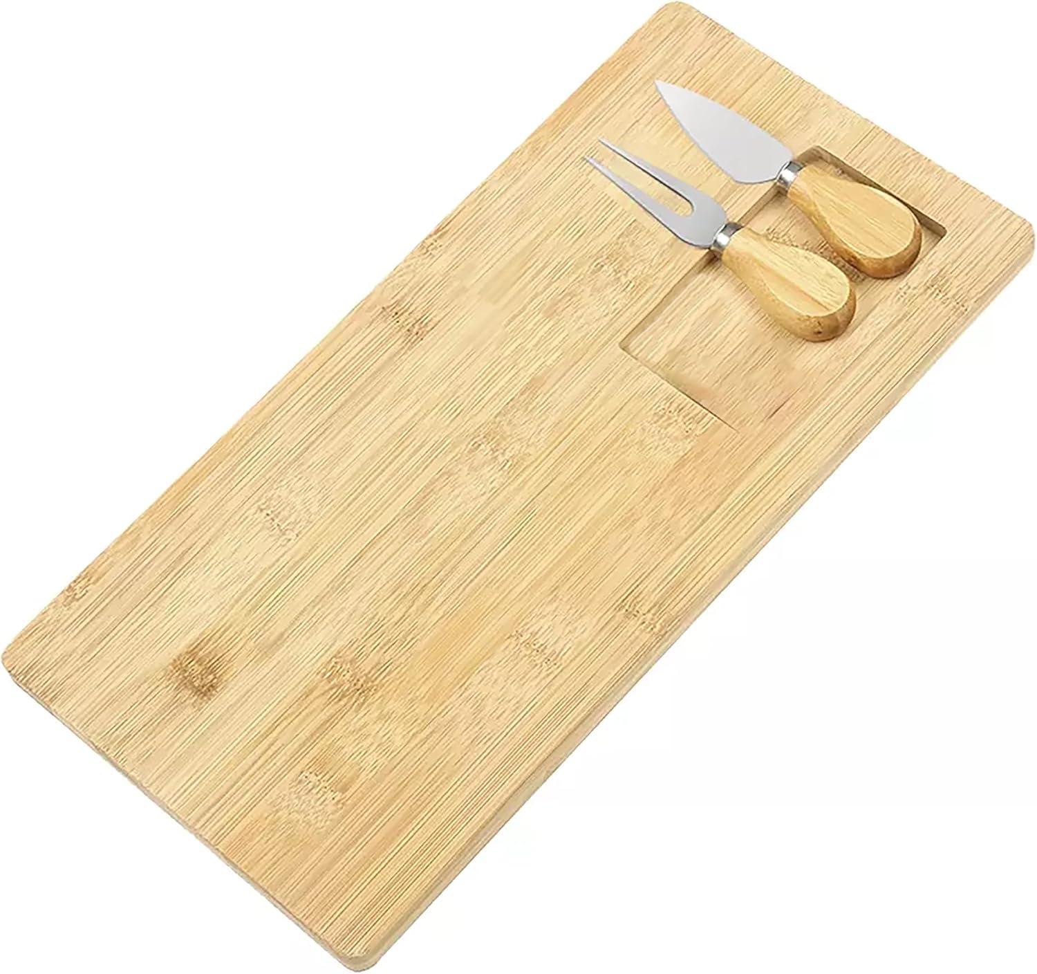Bambu Peynir Sunum Tabağı, 3 Parça Peynir Bıçağı ve Çatalı Seti, Toplam 4 Parça, Doğal ve Şık Bambu Peynir Tabağı, Kaliteli Sunum Seti 38x19 cm Ebatlarında