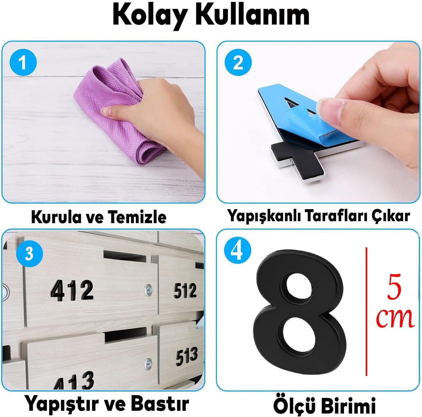 Yapışkanlı Kapı Numarası Küçük Boy 50 mm 5 cm Numara 8 Rakam Sekiz Sayı Siyah Renk Numaralar 1 Adet
