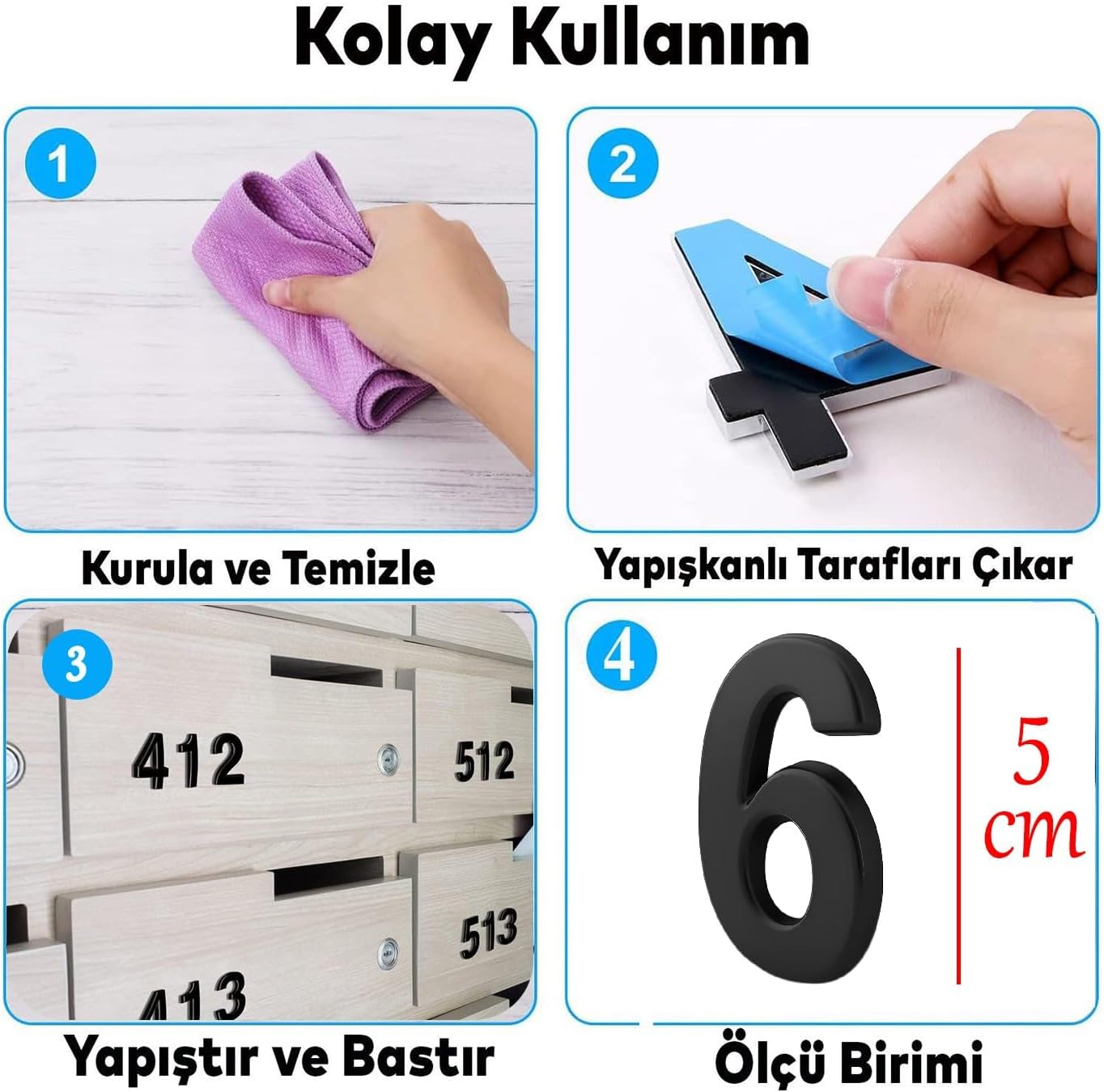 Yapışkanlı Kapı Numarası Küçük Boy 50 mm 5 cm Numara 6 Rakam Altı Sayı Siyah Renk Numaralar 1 Adet