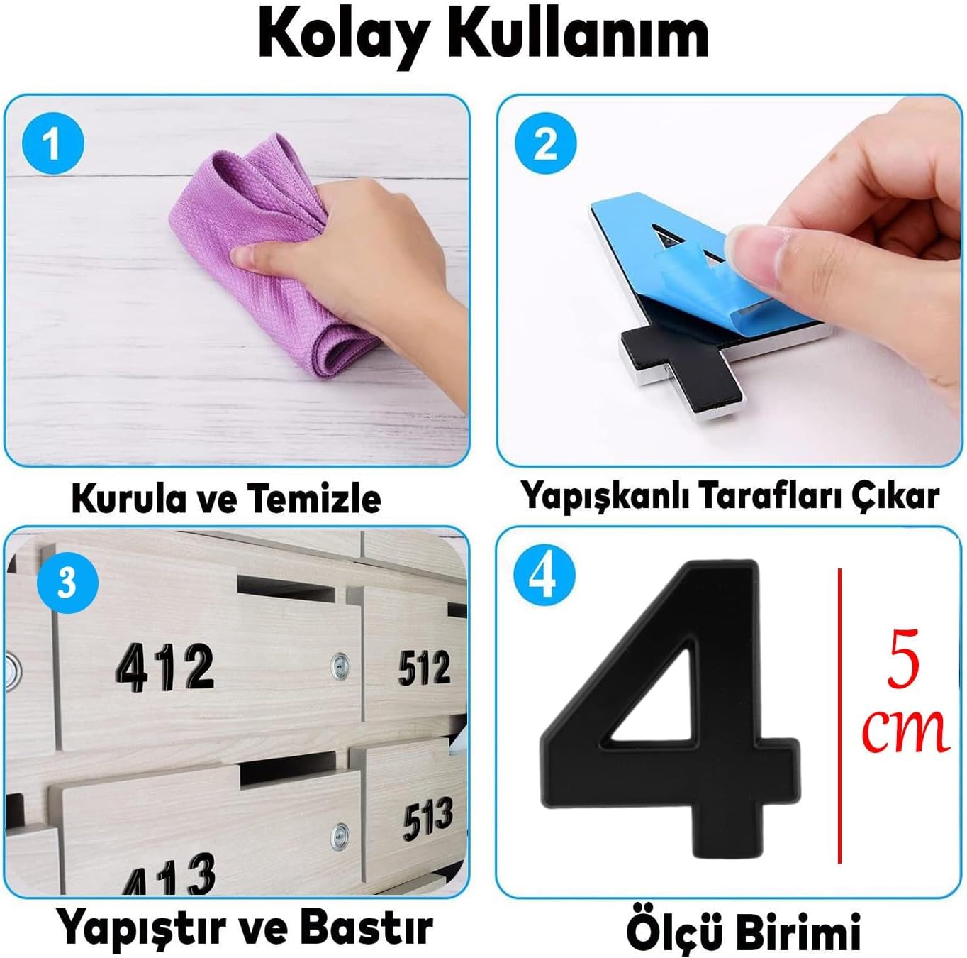 Yapışkanlı Kapı Numarası Küçük Boy 50 mm 5 cm Numara 4 Rakam Dört Sayı Siyah Renk Numaralar 1 Adet