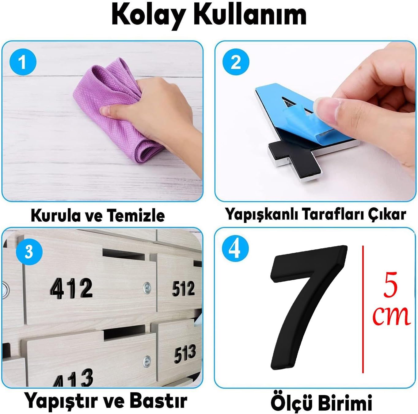Yapışkanlı Kapı Numarası Küçük Boy 50 mm 5 cm Numara 7 Rakam Yedi Sayı Siyah Renk Numaralar 1 Adet