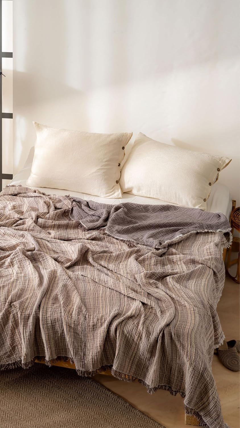 Boho Çizgili Yatak Örtüsü 4 Katlı Müslin%100 Pamuk Yumuşak Lüks Yazlık Pike Çift Kişilik Battal Boy 240x260 cm (Gri)