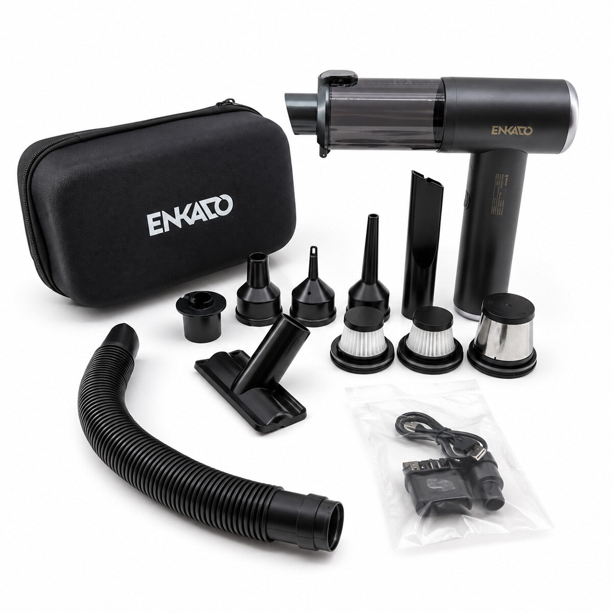Oto Araç - 2IN1 Şarjlı 100W - 17000PA 9 Başlık - 3 Filtre El Tipi Basınçlı Hava Üfleme - Araç Süpürge Makinesi Taşıma Çantalı EKD-SP10