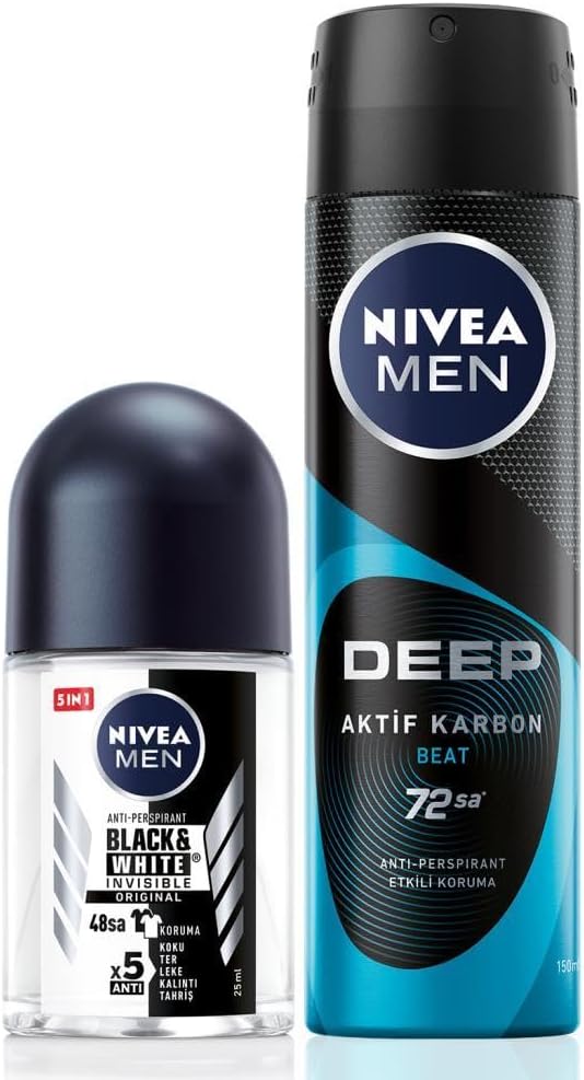 MEN Erkek Sprey Deodorant Deep Aktif Karbon 150ml ve Black&White Original Mini Roll-on 25ml