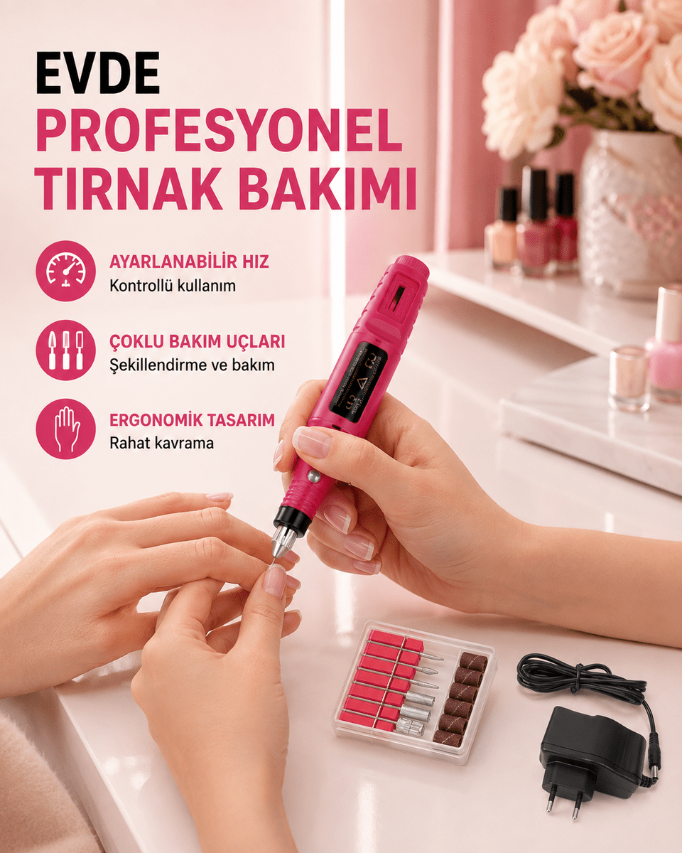 Profesyonel Tırnak Matkap Makinesi – USB Şarjlı, Ayarlanabilir Hız, Düşük Titreşimli ve Sessiz Çalışma