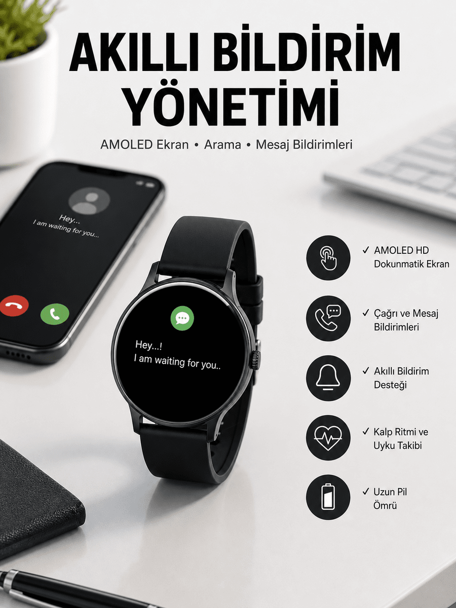 Akıllı Saat Çok Fonksiyonlu Sesli Görüşme NFC Uyumlu Amoled Ekran Yeni Nesil