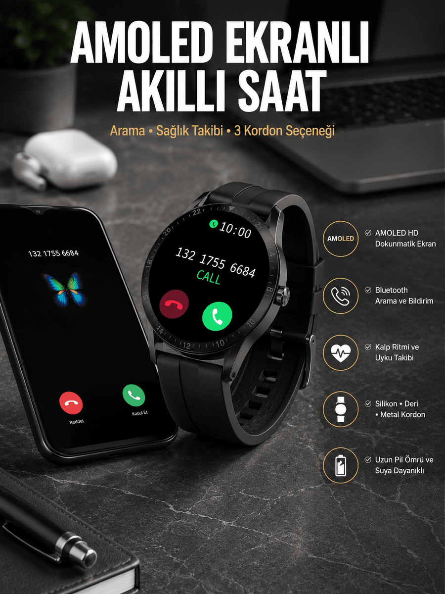 Akıllı Saat Amoled Ekran 3 Kordonlu NFC Ve GPS Uyumlu