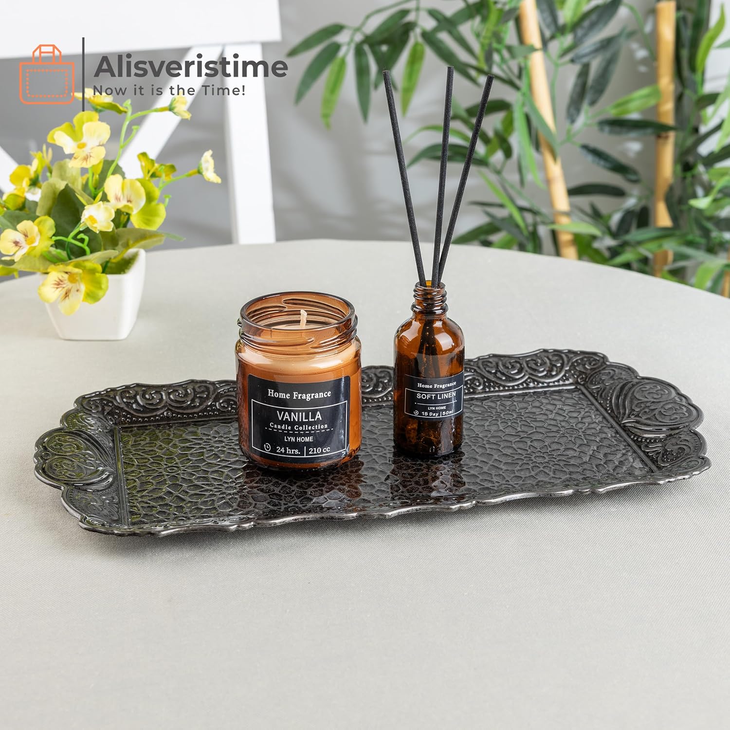 Osmanlı Motifli Küçük Metal Servis Tepsisi – Dekoratif Sunum Tepsisi, 36 x 18 cm, 306 g (Antik Siyah)