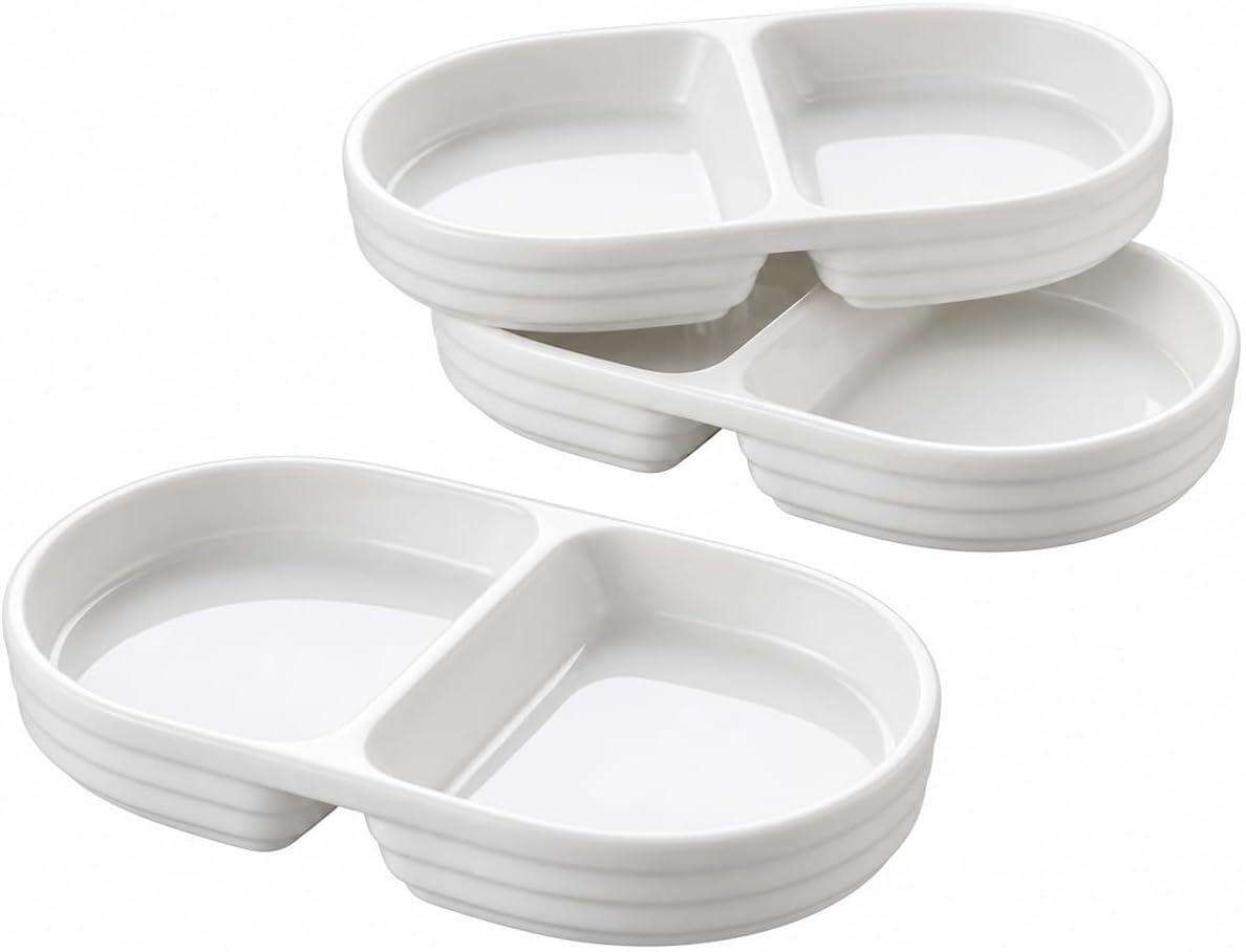 2 Bölmeli Porselen Çerezlik 3’lü Set, 17 × 10 × 2,2 cm, Beyaz Oval Kuruyemiş ve Kuru Meyve Tabağı, Kahvaltılık Zeytinlik, Meze ve Atıştırmalık Sunum Tabağı, 3 Adet