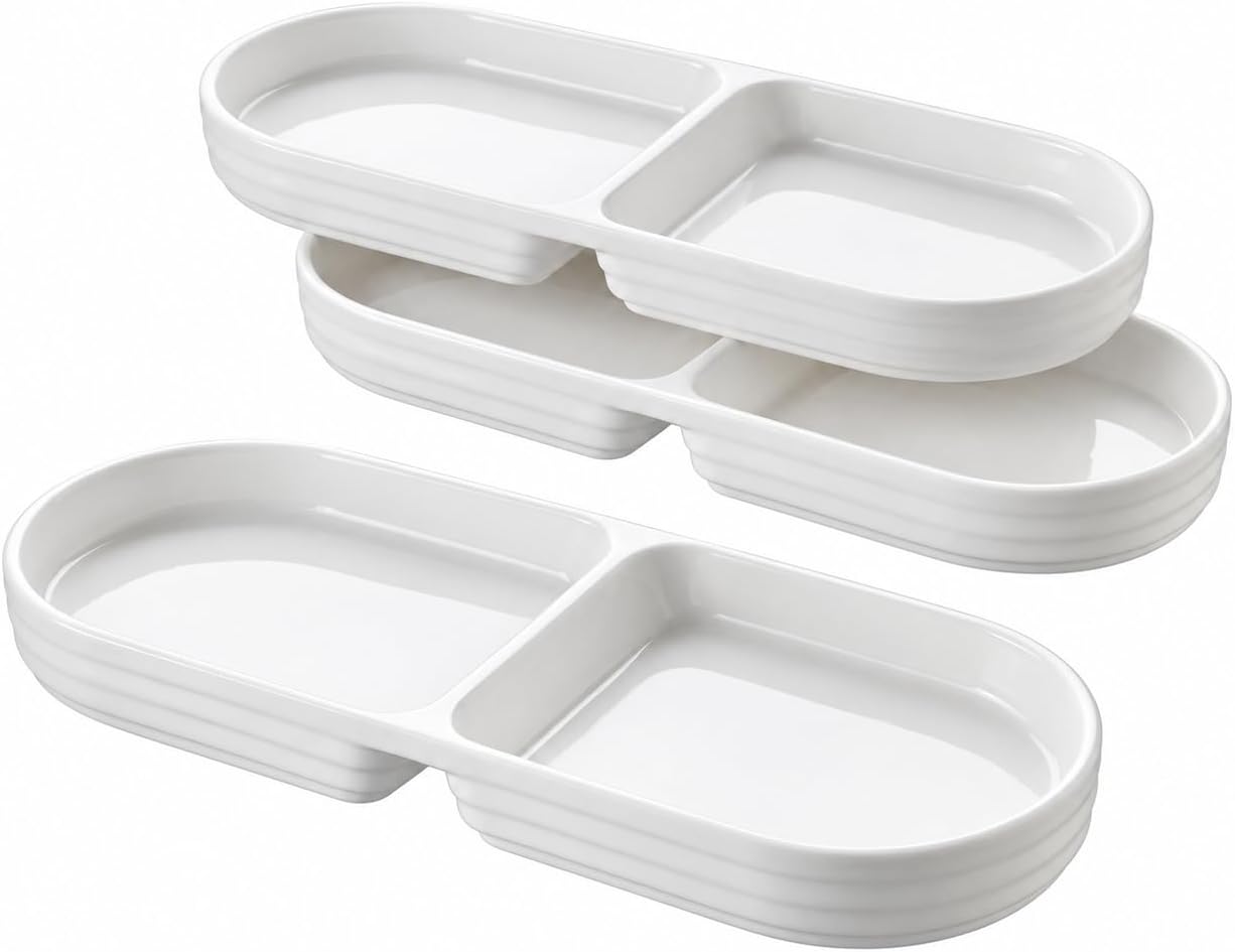 2 Bölmeli Porselen Çerezlik 3’lü Set, 25,2 × 10 × 2,3 cm, Beyaz Oval Kuruyemiş ve Kuru Meyve Tabağı, Kahvaltılık Zeytinlik, Meze Sos ve Atıştırmalık Sunum Tabağı, 3 Adet