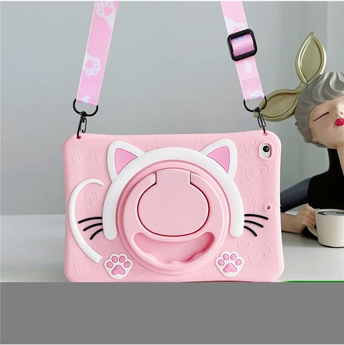 Covpor Standlı Askılı Karakterli Kedi Çocuk Kılıfı - Pembe Pembe Samsung Galaxy Tab S6 Lite P610 P620 ile uyumlu
