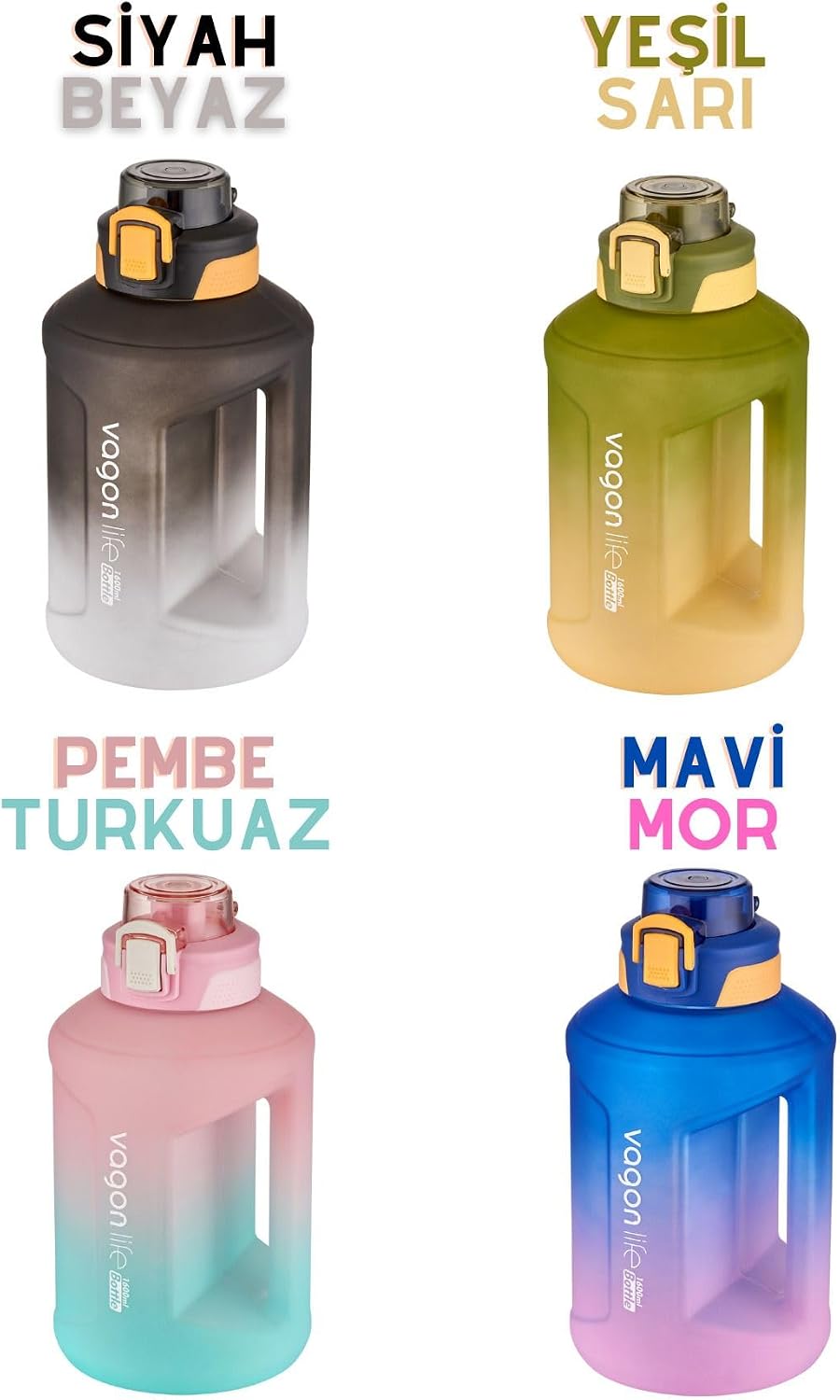 1600ml Çift Renk Taşıma Askılı ve Kulplu Motivasyon Su Matarası Sticker SM-2307-YEŞİLSARI