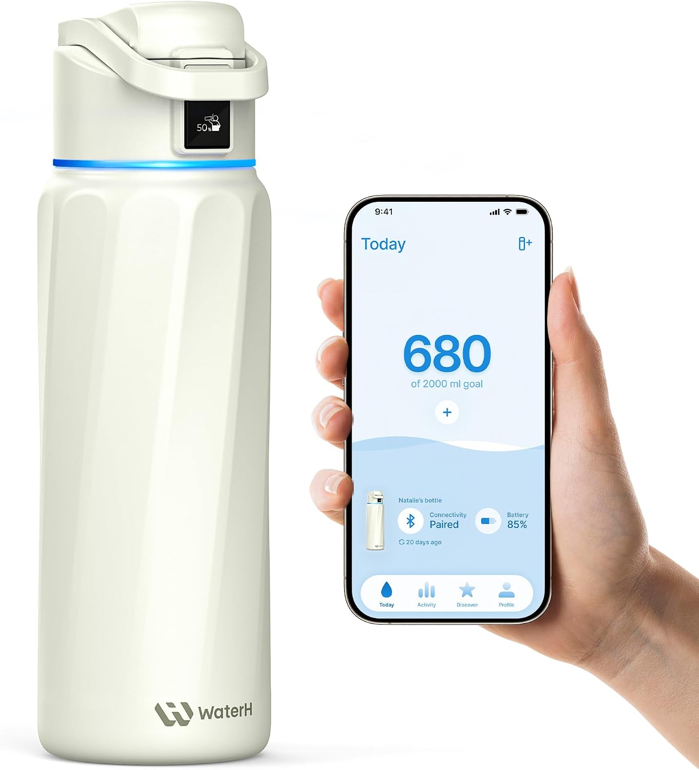 Boost Yalıtımlı Paslanmaz Çelik Akıllı Su Şişesi, 32 oz Bluetooth Akıllı İzleyici ve İçki Hatırlatma (Beyaz)