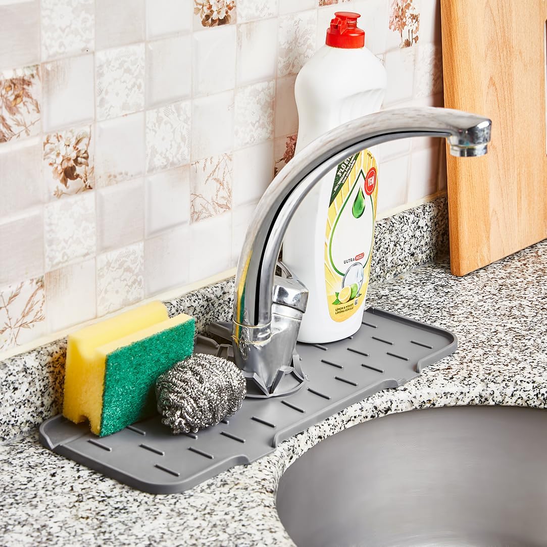 Mutfak Lavabo Silikon Paspas, Gri, Musluk Altı Sünger Tutucu Banyo Mutfak Sabun Kurutucu Düzenleyici