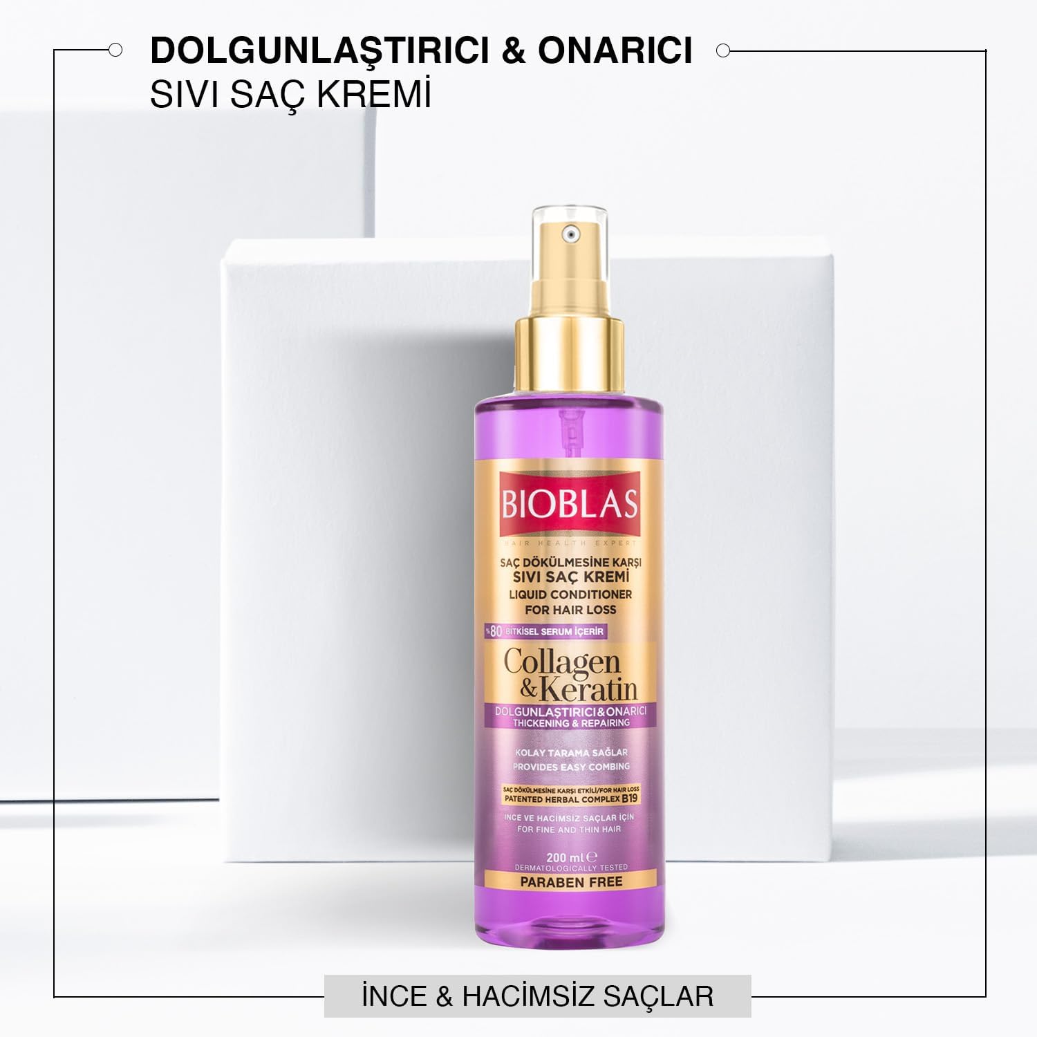 Kolajen & Keratin Sıvı Saç Kremi – Durulanmayan, Onarıcı & Dolgunlaştırıcı Etki, Bitkisel Kompleks B19, 200 ml