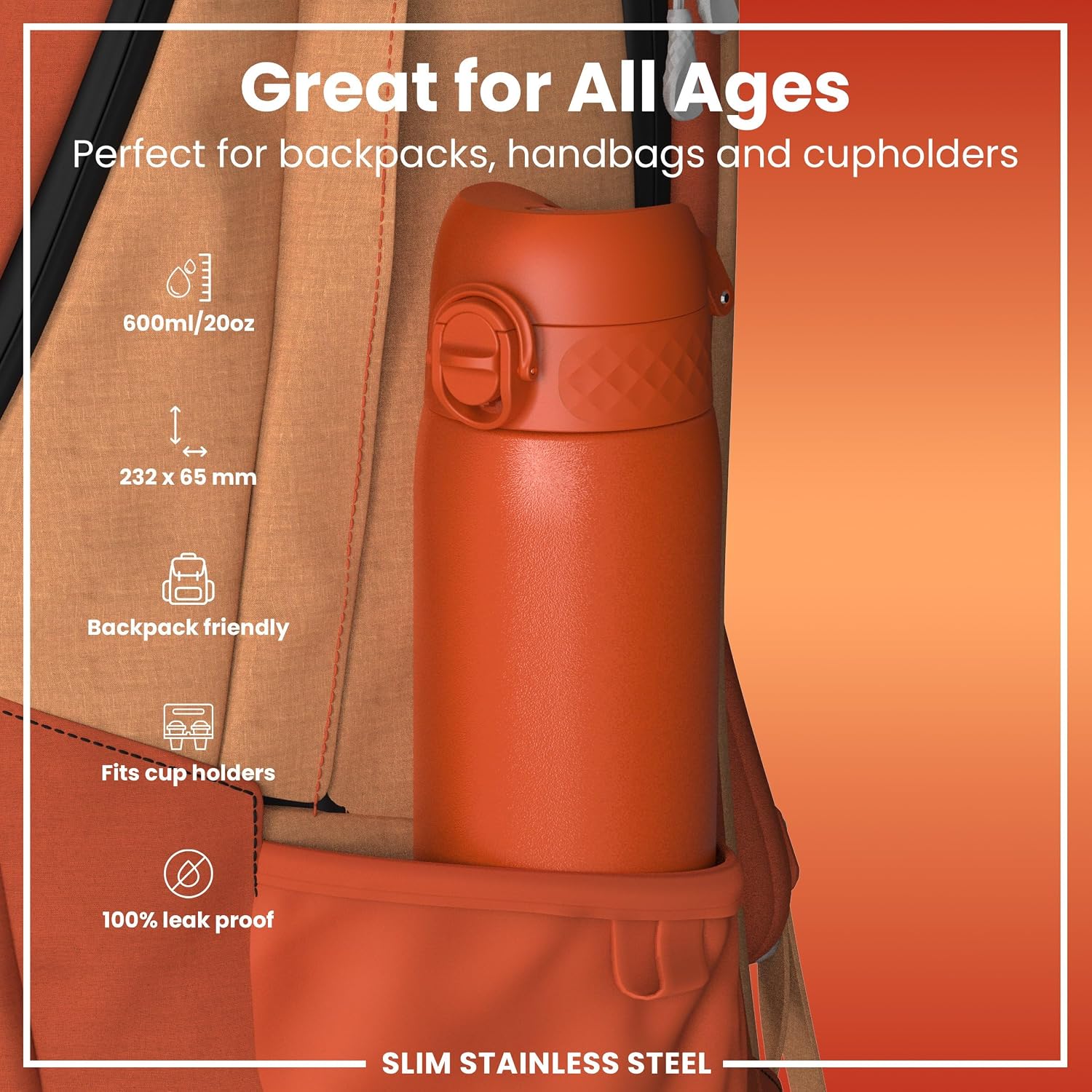 Çelik içecek şişesi, 600 ml, sızdırmaz, tek elle açılır, güvenli kilitleme, bulaşık makinesinde yıkanabilir, katlanır kapak, taşıma sapı, kolay temizlenir, uzun ömürlü ve çizilmez, güçlü turuncu