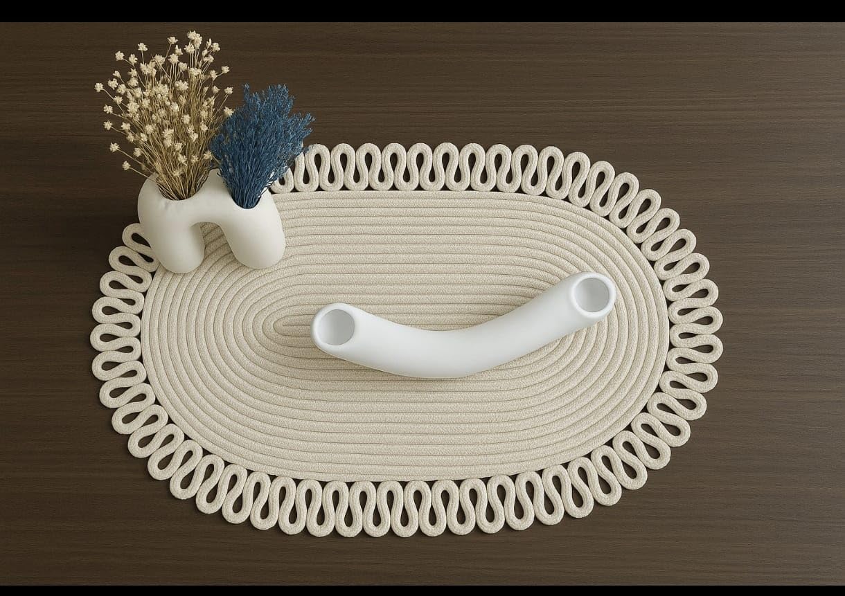 Oval Jüt Runner Masa Örtüsü, 30x70 cm, Hasır Dokuma, Çift Taraflı, Doğal Krem