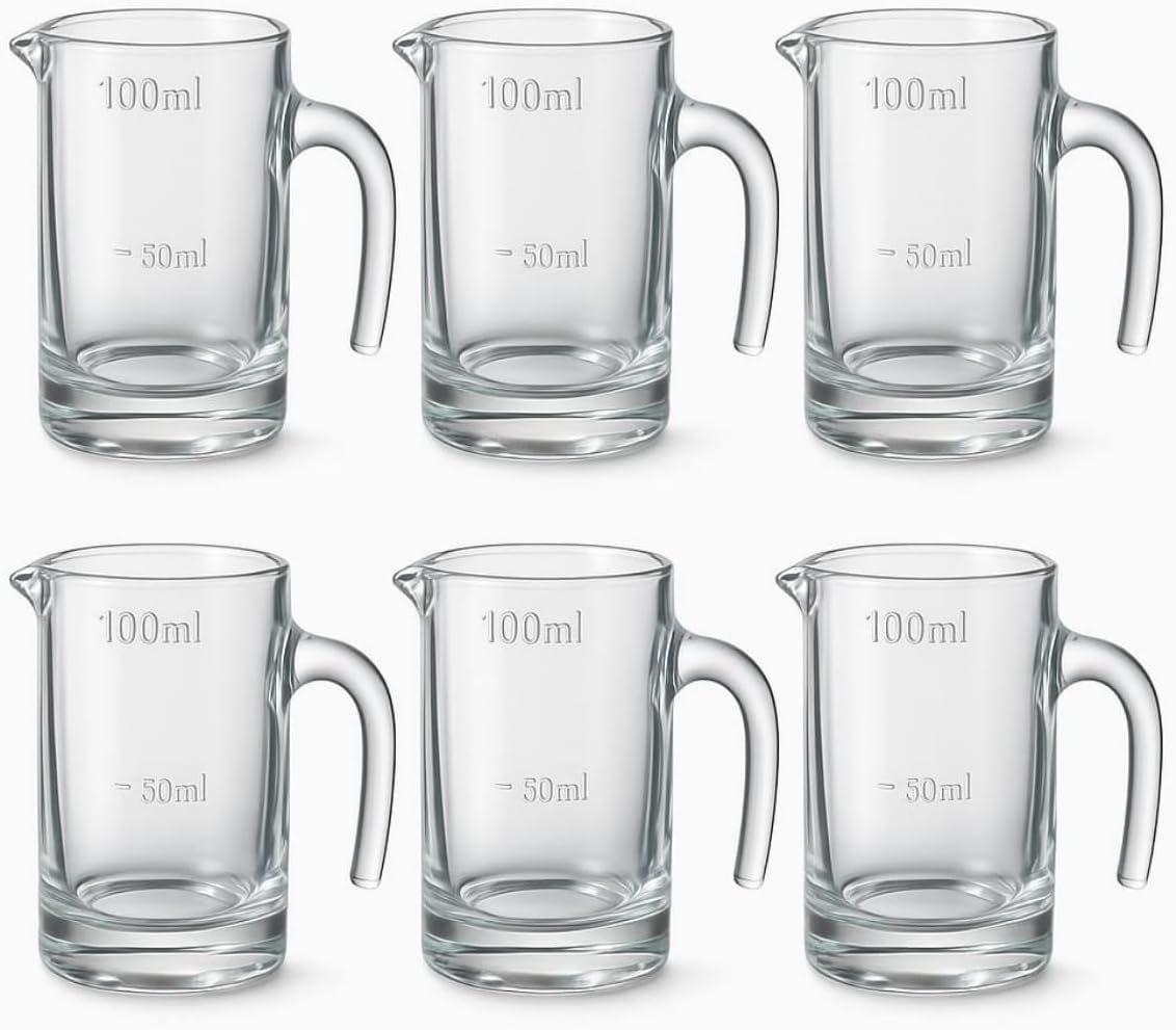 6’lı Cam Sosluk Seti – 100 ml Ölçekli Kulplu Sos Kabı, Şeffaf Mini Ölçü Bardağı, Kahvaltı, Tatlı ve Mutfak Sunumları İçin