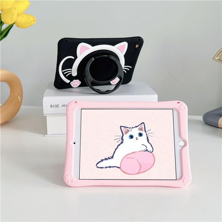 Ipad 7-8-9. Nesil 10.2 uyumlu Kılıf Astronot Silikon Çocuklara Özel Kedili Elegance Standlı Çocuk Kılıfı Standlı Dönebilen Silikon Kauçuk Tablet Kılıfı (10.2 Pembe Kedili Kılıf)