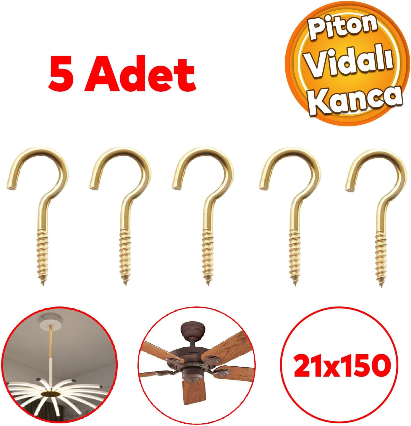 Metal Piton Vidalı Gerdirme 21x150 Çekme Kaldırma Tavan Açık Ağız Kancalı Avize Asma Kiti 5 Adet