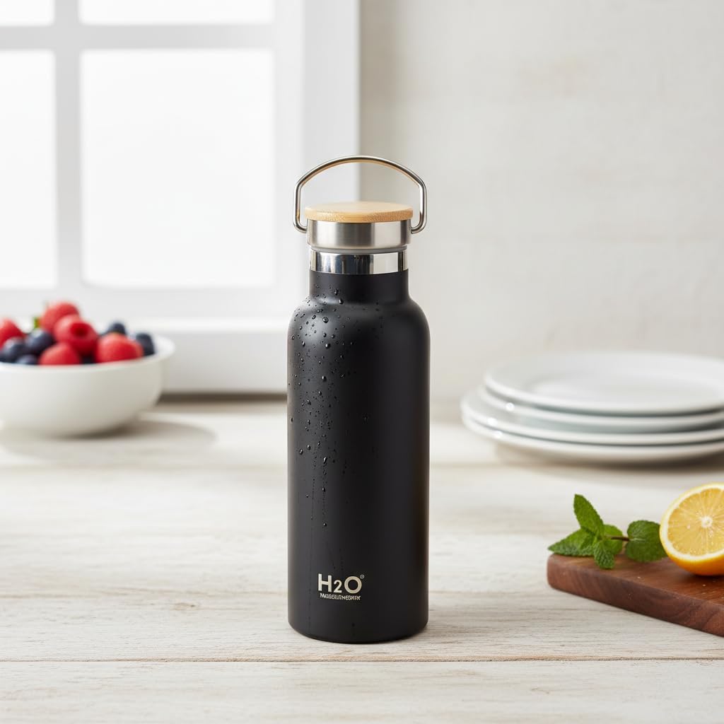 Bambu Kapaklı Siyah Çelik Termos Matara - 500 ml Sızdırmaz Kilitli Mug - Doğal Ahşap Detaylı Sıcak ve Soğuk Tutan Ofis Termosu