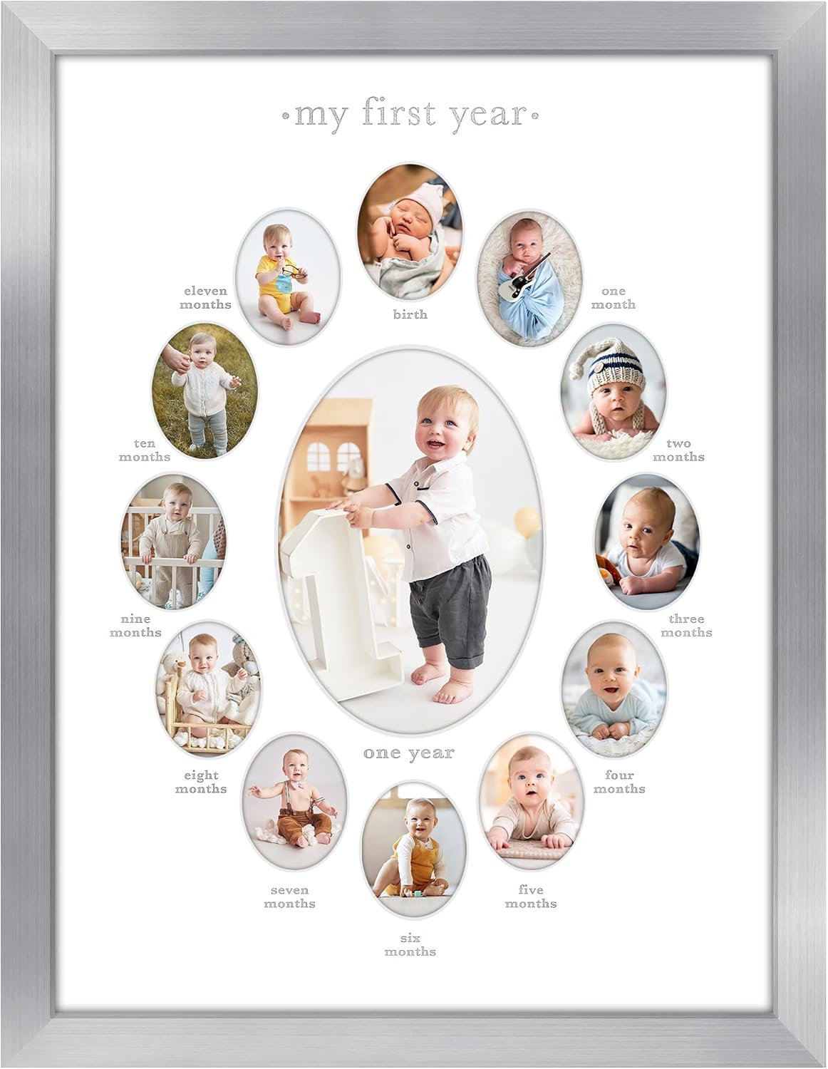 Kırılmaya Dayanıklı Camlı 12x16 Birinci Yıl Fotoğraf Çerçevesi - On İki 2x3 Fotoğraf ve Bir 5x7 Resme Uyar - Kreş Dekoru, Yeni Doğan Anne Hediyesi veya Bebek Partisi için Kolaj Çerçevesi